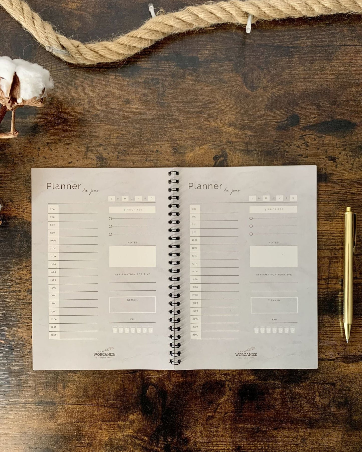 Planner du jour de Worganize, la papeterie minimaliste d'organisation